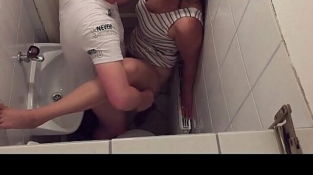 Latina couple caught fucking in public toilet - big ass cumshot!