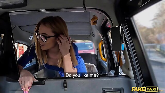 Thick glasses cutie rides massive taxi cock