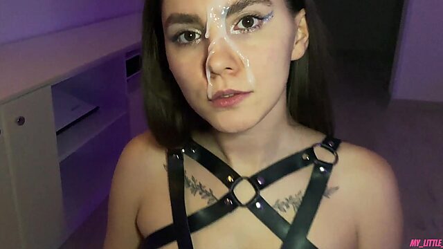 Gorgeous Brunette in Harness Sucks and Rides My Dick Until I Cum