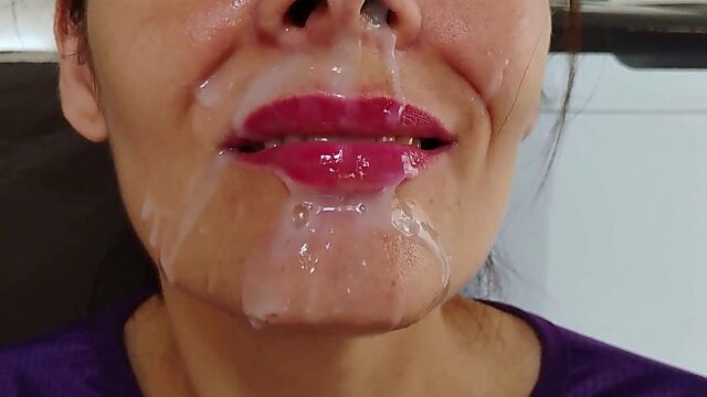 Cum-guzzling slut begs for a facial, gets blasted and drenched in jizz