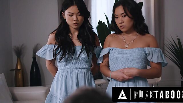 Las zorras asiáticas Lulu Chu y Kimmy Kim se follan a un padrastro que se parece a él en un trío tabú sucio.