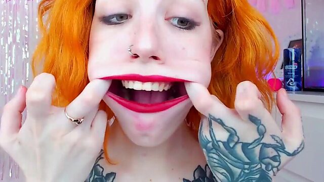 Ginger deepthroats huge cock to messy facial with red lipstick